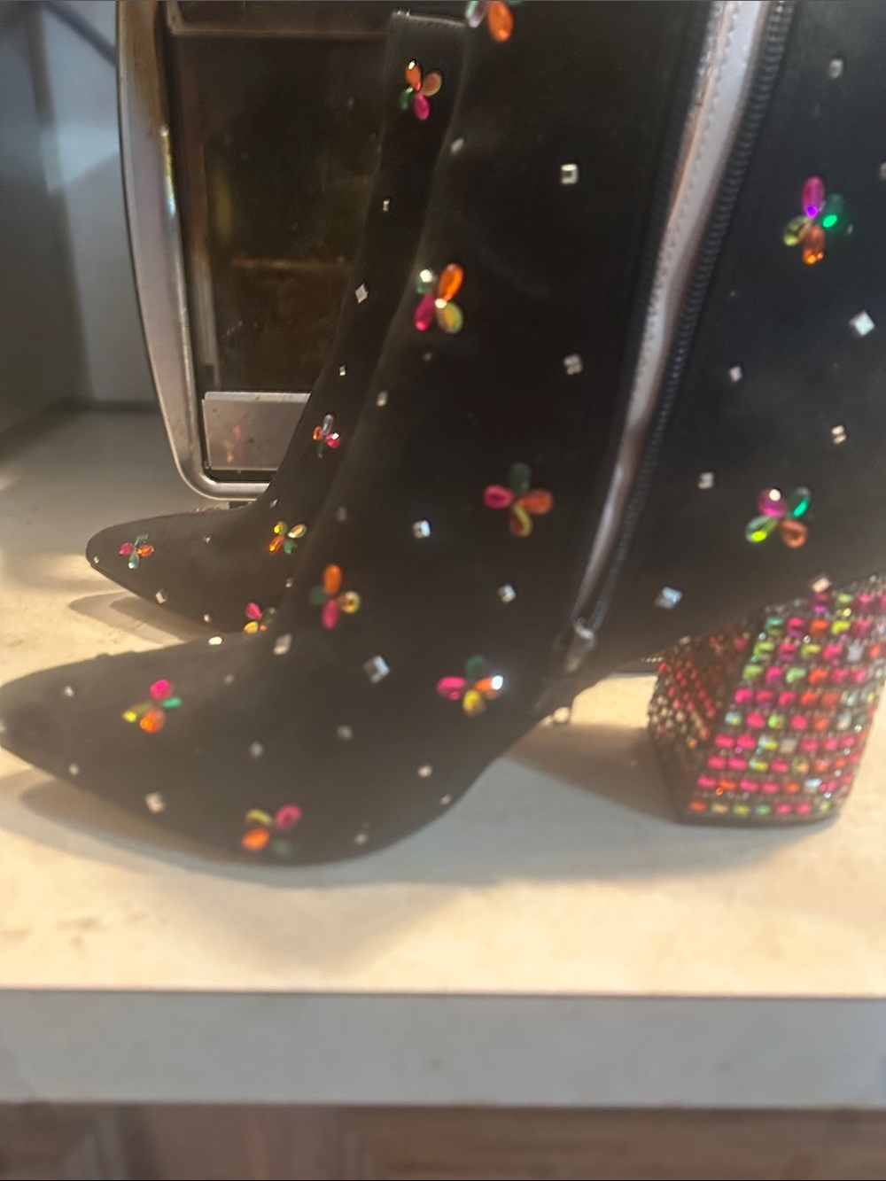 Betsey Johnson Black Suede Ankle Boots with Multicolor Crystal Embellishments